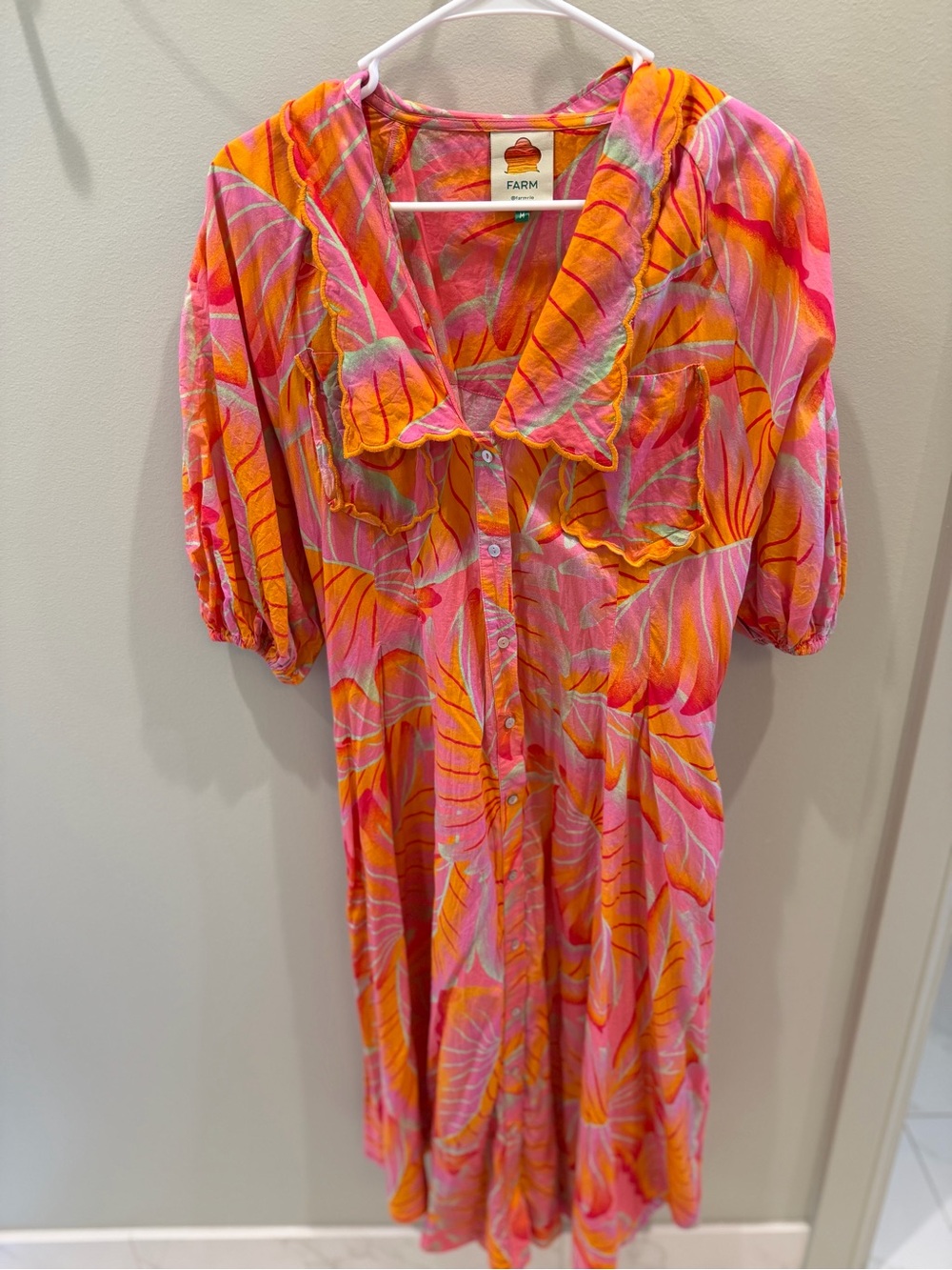 FARM Rio Pink & Orange Tropical Button-Down Ruffle Midi Dress
